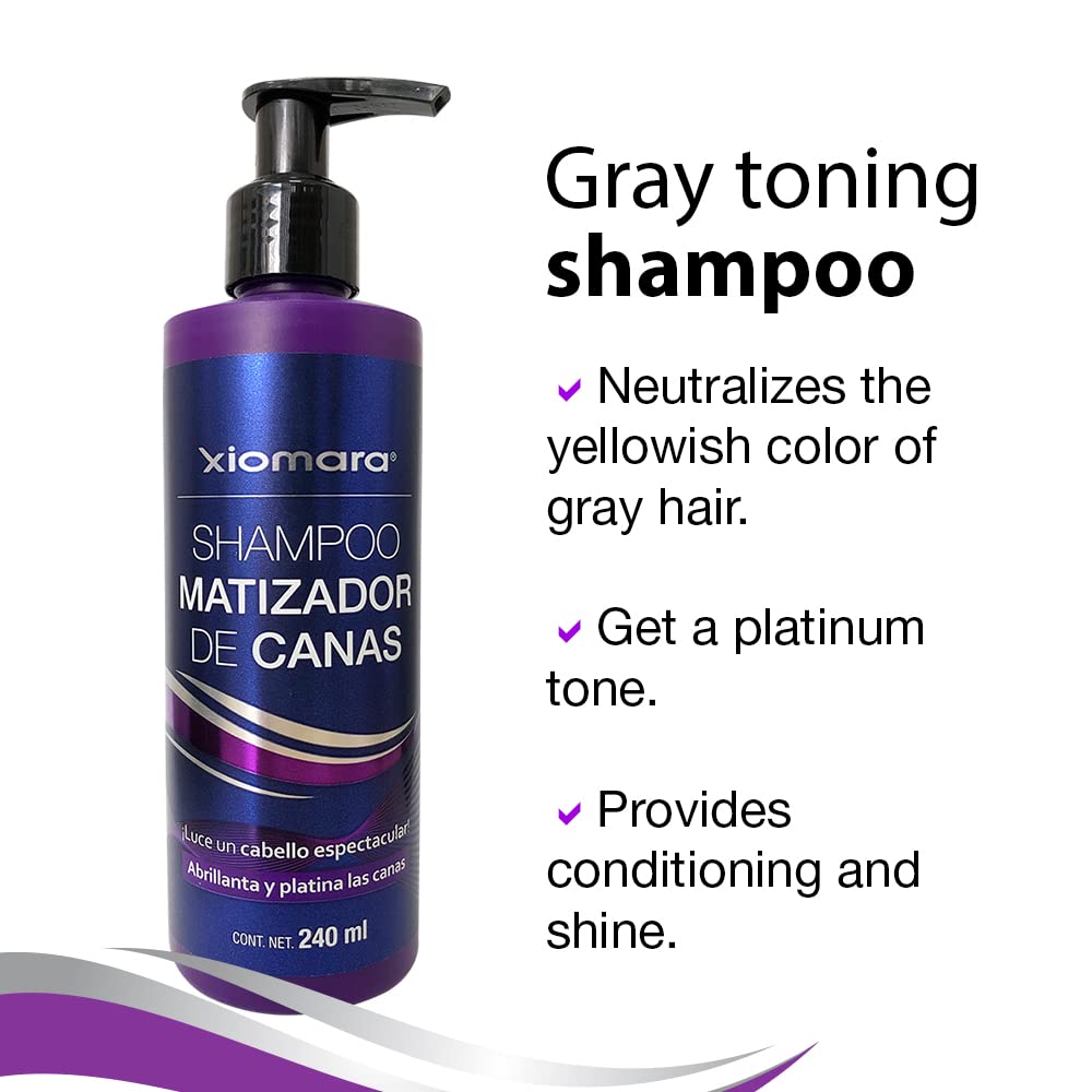 Xiomara purple toning shampoo bottle close-up with label and color neutralizing idea