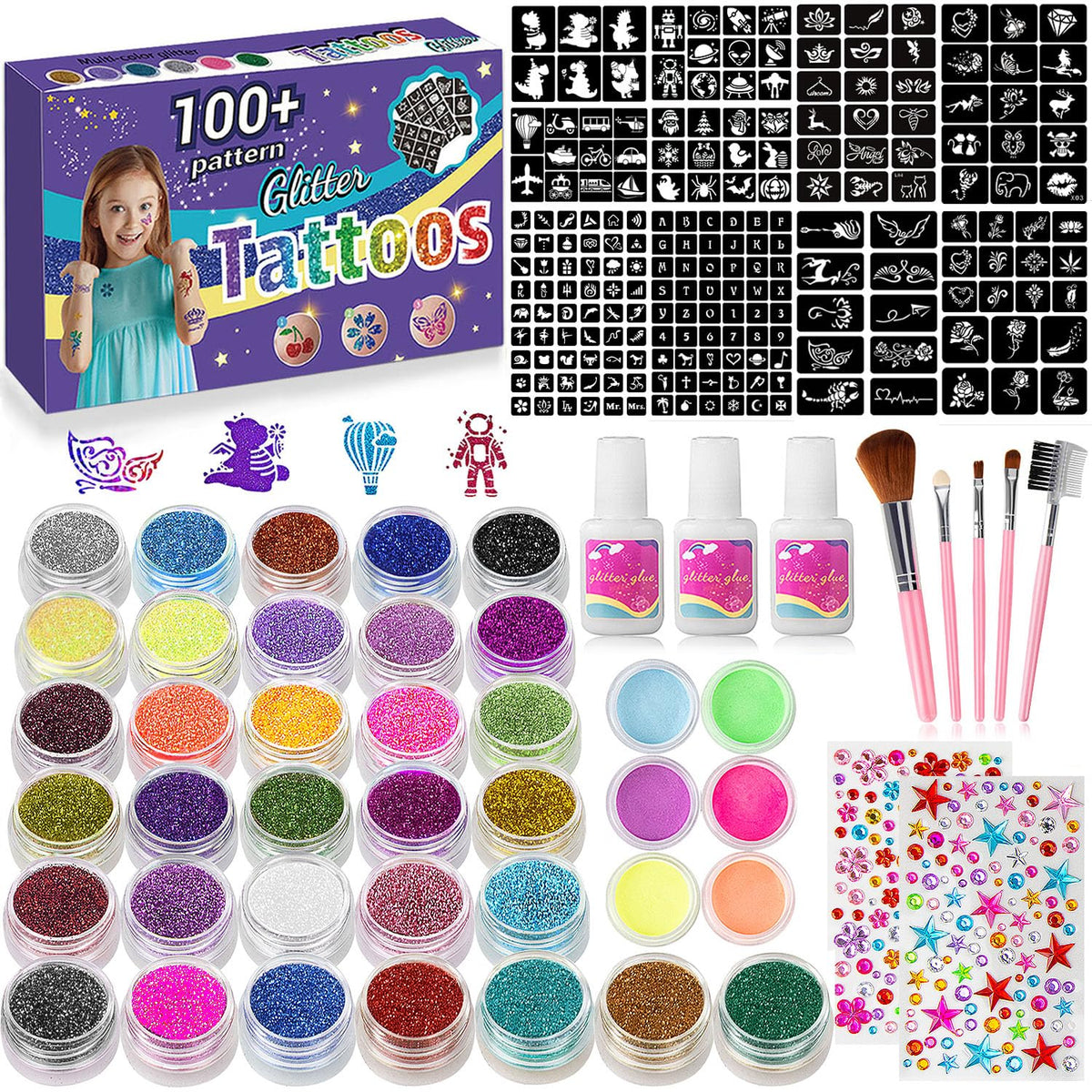 XiQiDianr temporary glitter tattoos kit for colorful party looks.