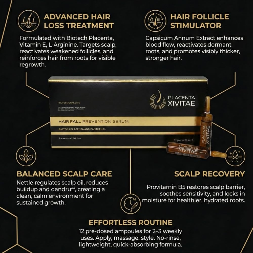XIVITAE placenta ampoules close-up, ready-to-use scalp treatment vials.