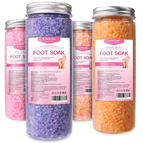 xiweioo Foot Salt Kit lavender bottle for relaxing foot soak and mood uplift.