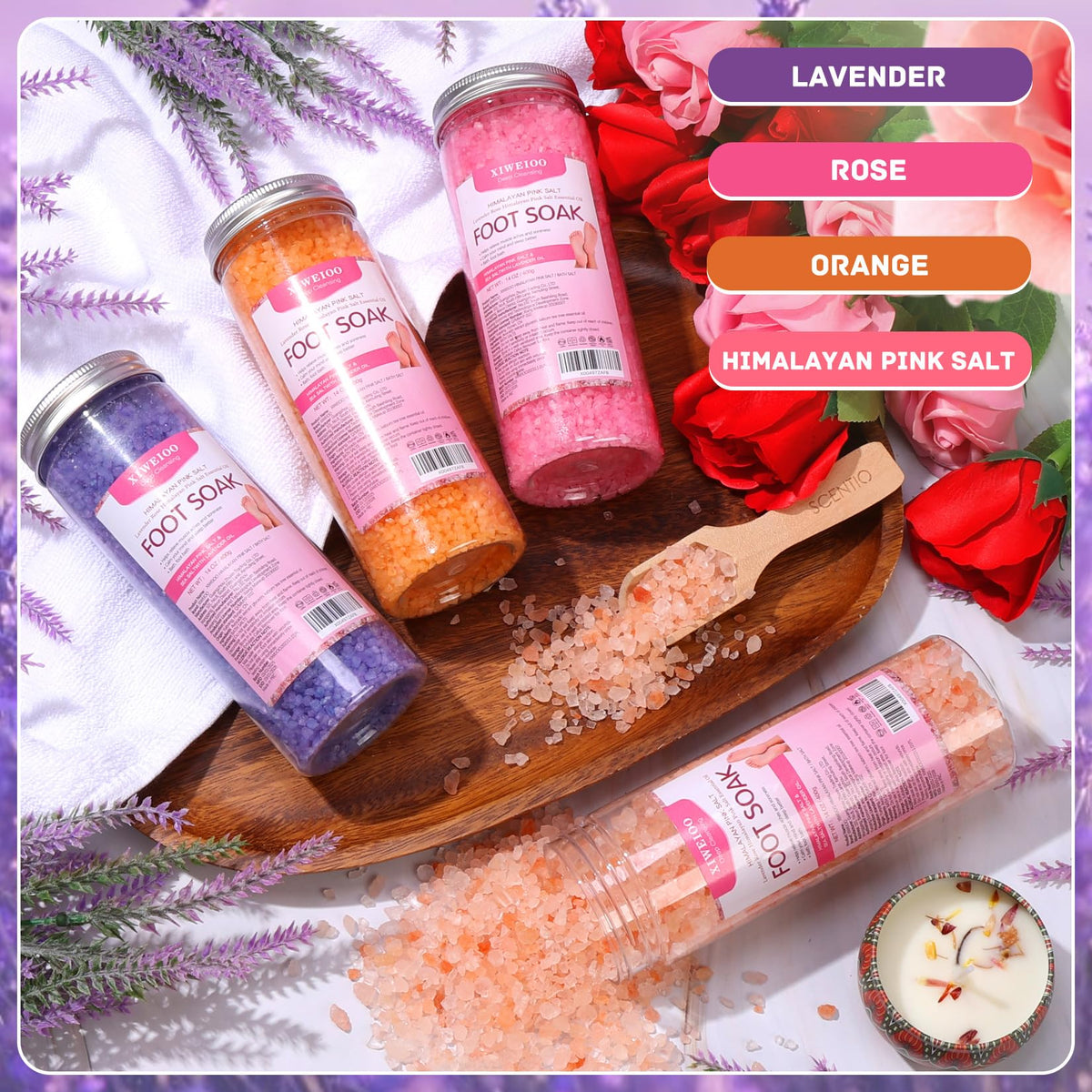 xiweioo Foot Salt Kit orange bottle ideal for refreshing citrus spa session.