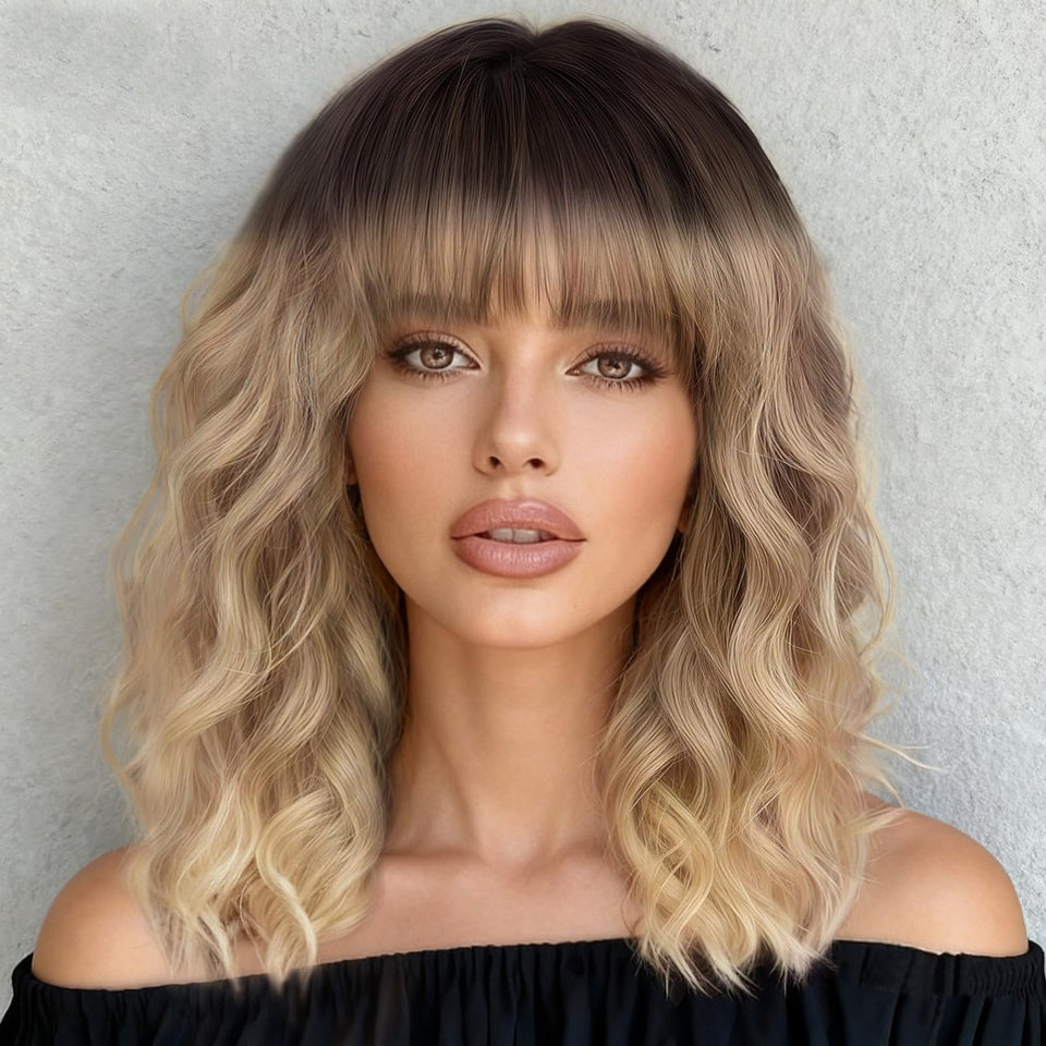 XIXIBI blonde wig with bangs ombre wavy bob 14in ideal for daily wear