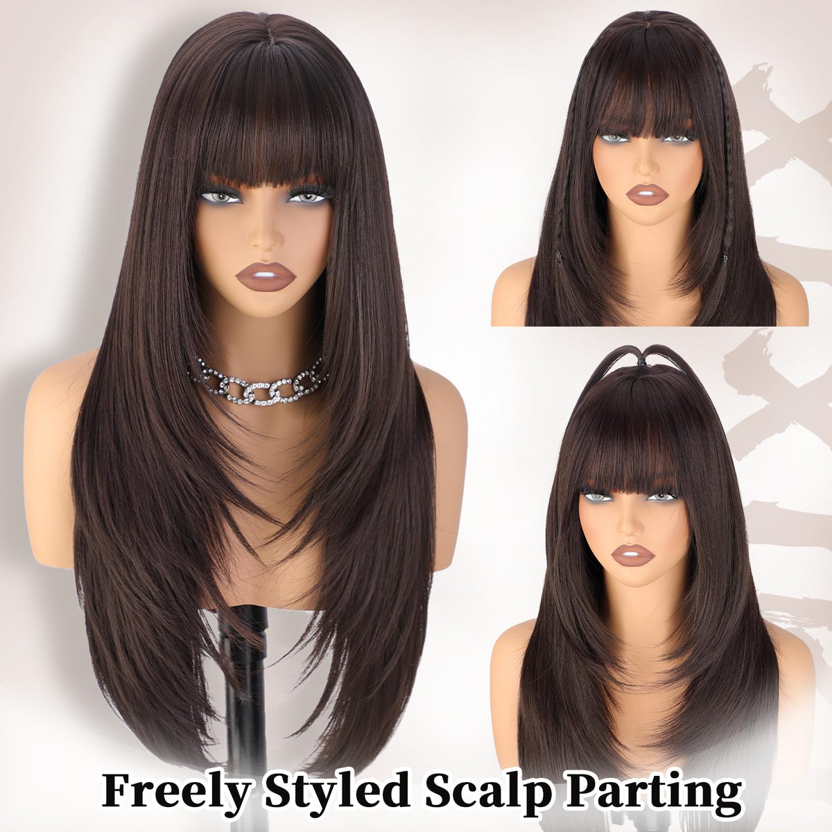 XIXIBI Brown Wig with Bangs features face-framing bangs for eye-enhancing style.