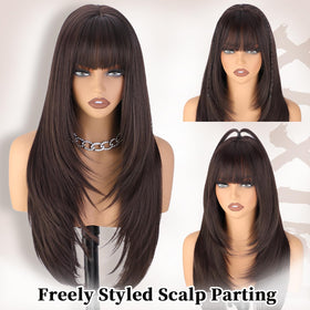 XIXIBI Brown Wig with Bangs features face-framing bangs for eye-enhancing style.