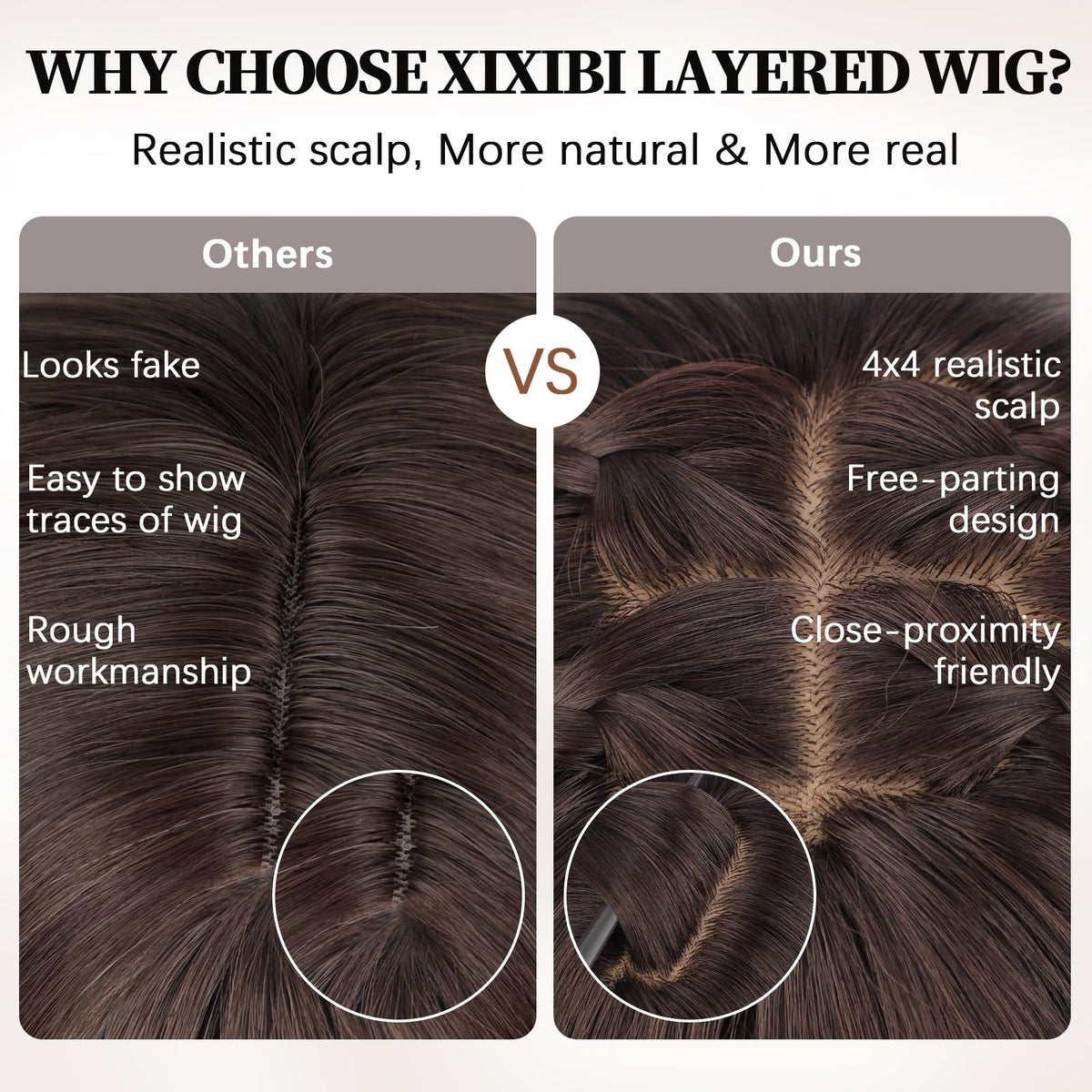 XIXIBI Brown Wig with Bangs uses high-temp synthetic fibers for affordable styling.