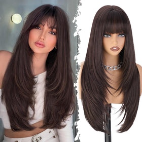 XIXIBI Brown Wig with Bangs shows a realistic scalp for natural daily wear.