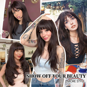 XIXIBI Brown Wig with Bangs has a stretchable cap for secure all-day comfort.