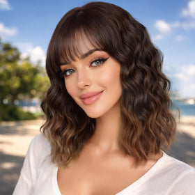 XIXIBI short wig with bangs front view shows natural ombre brown waves for daily wear.