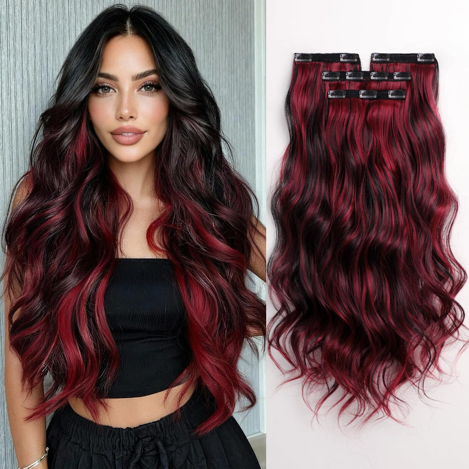 XIXISNOW 25-inch wavy extensions in black-mix-red for natural volume