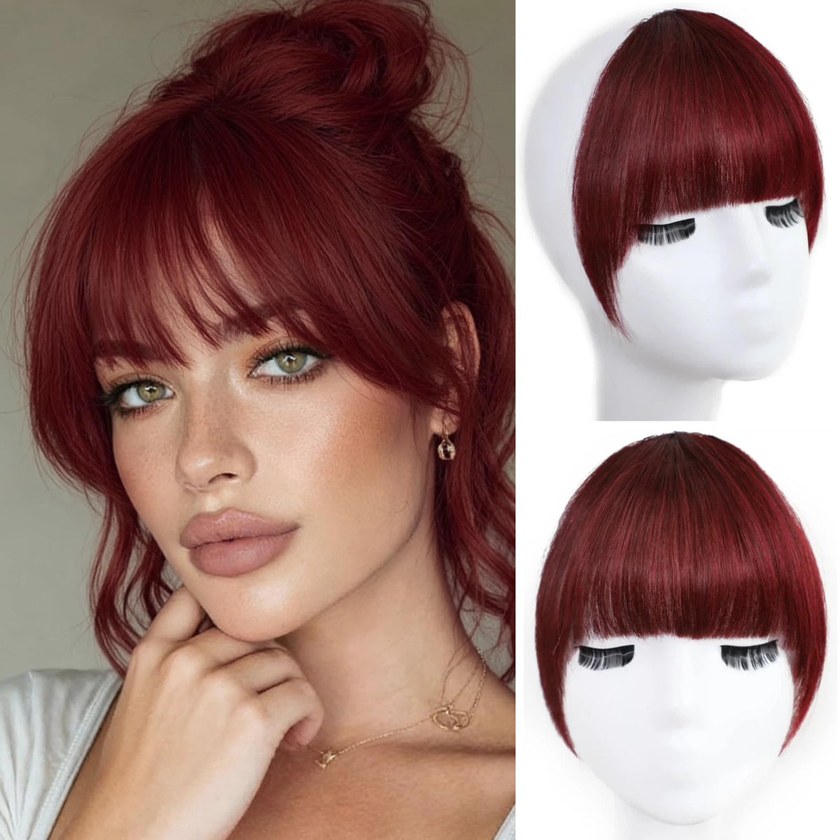 XIXISNOW Burgundy clip-in bangs on model blending naturally for daily styling.