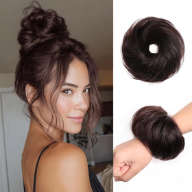 XIXISNOW messy bun hair piece in natural dark brown for seamless day-to-night style