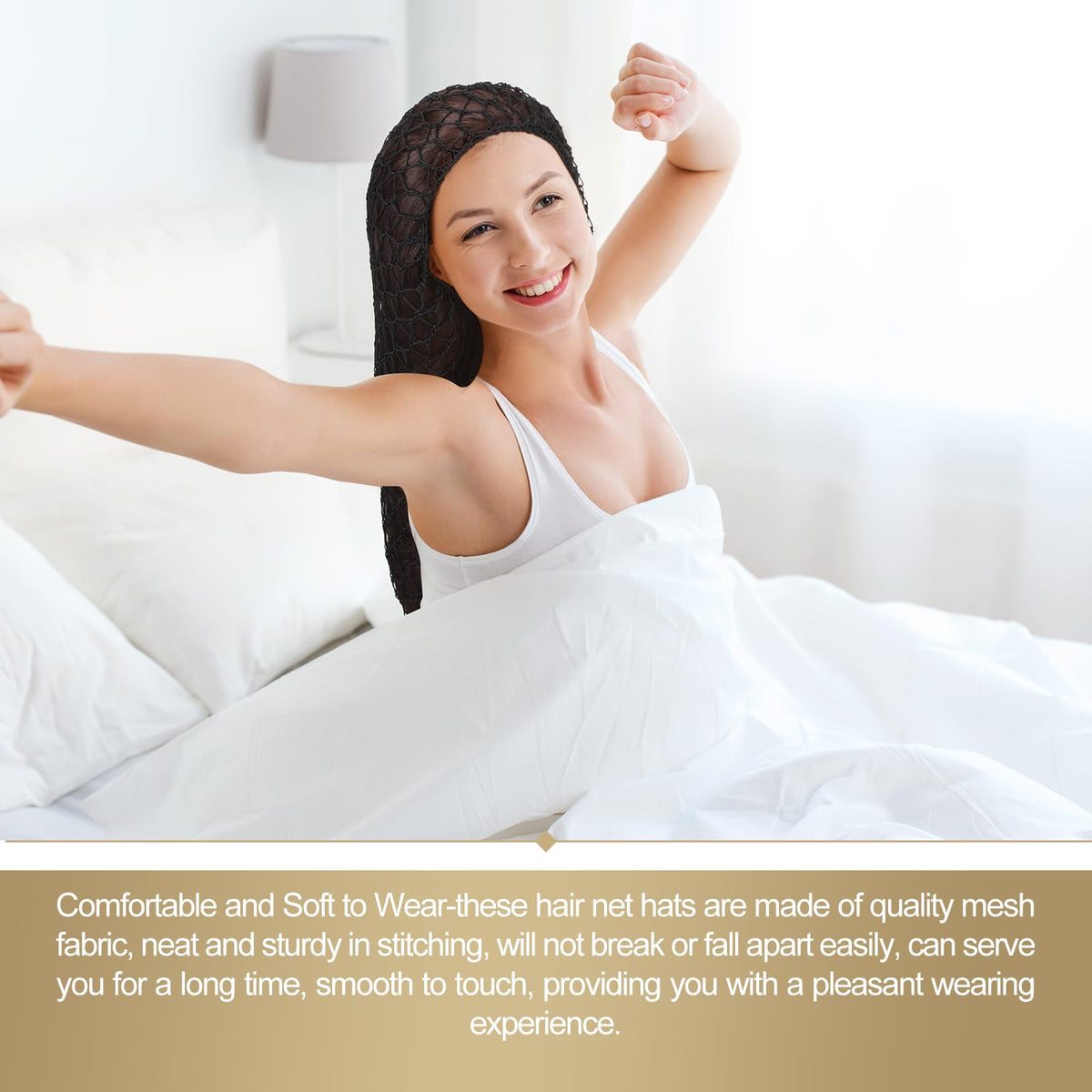 XLSXEXCL crochet mesh sleep bonnet offers soft, secure overnight wear.