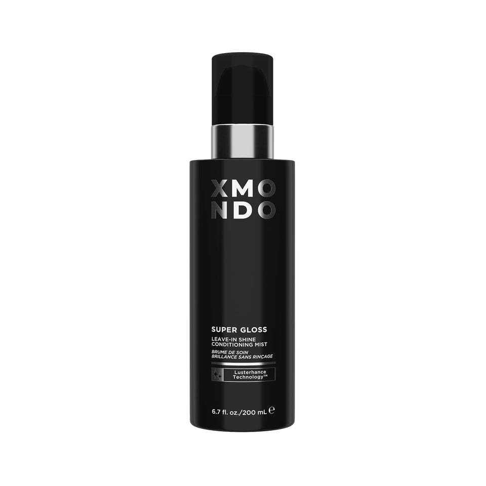 XMONDO Hair Super Gloss Leave-In Mist bottle shows weightless hydration for radiant shine.