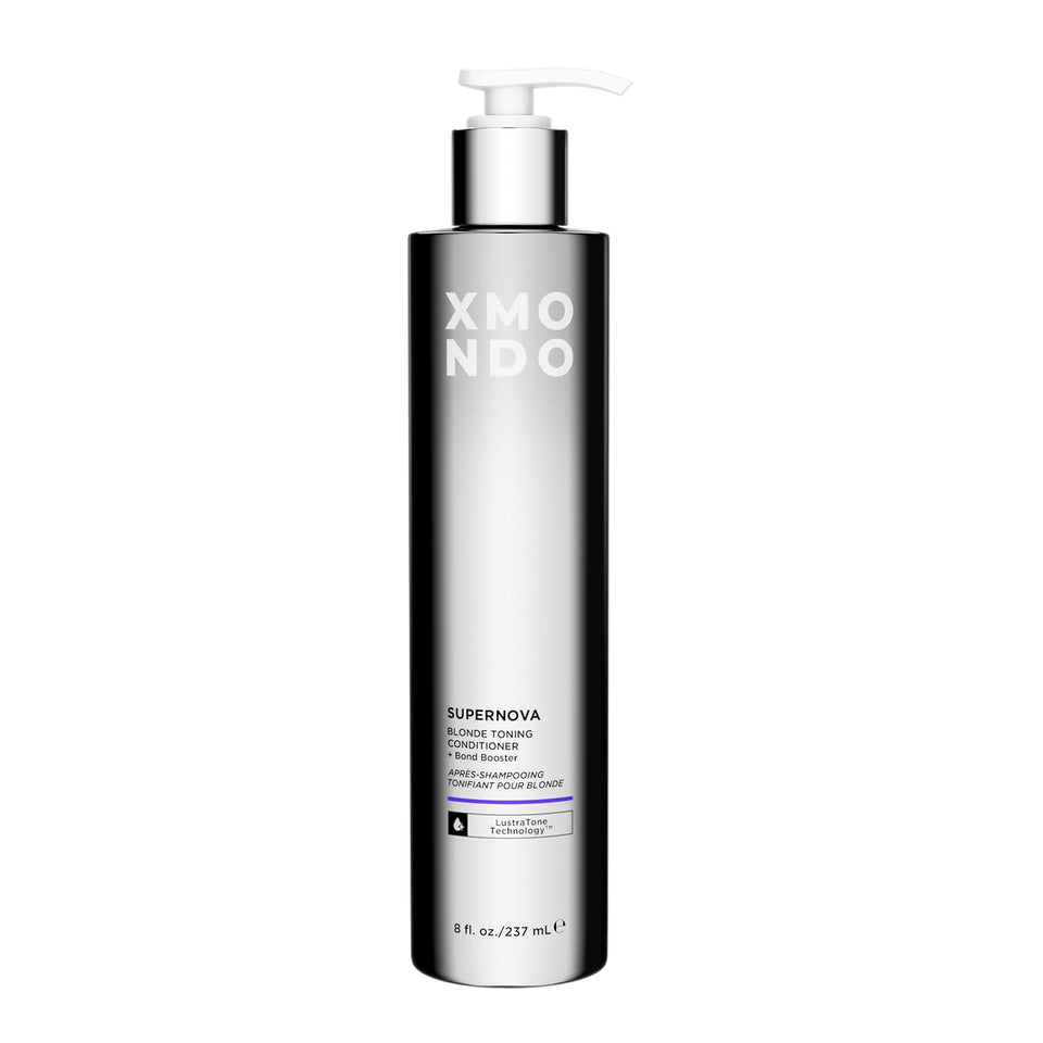 XMONDO Supernova Blonde conditioner bottle neutralizes brassiness for cooler blonde tones.