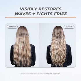 Close-up of hair waves showing hydration and frizz control.