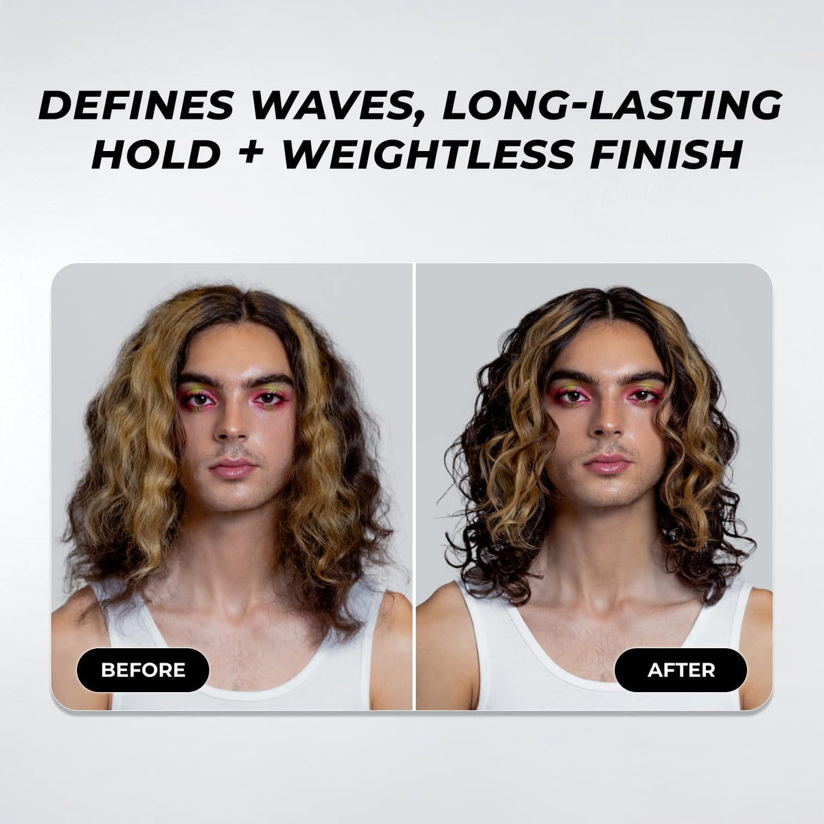Damp hair with XMONDO Wave Foam forming defined, frizz-free waves