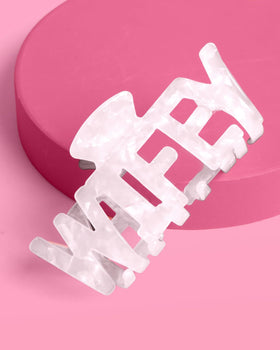 xo, Fetti Wifey claw hair clip in white marble acrylic ideal as bridesmaid gift.