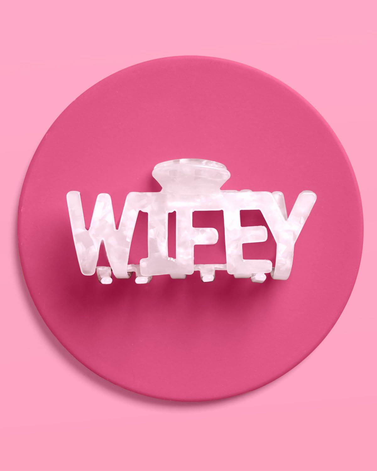 xo, Fetti Wifey claw hair clip in white marble acrylic for wedding day touchups.