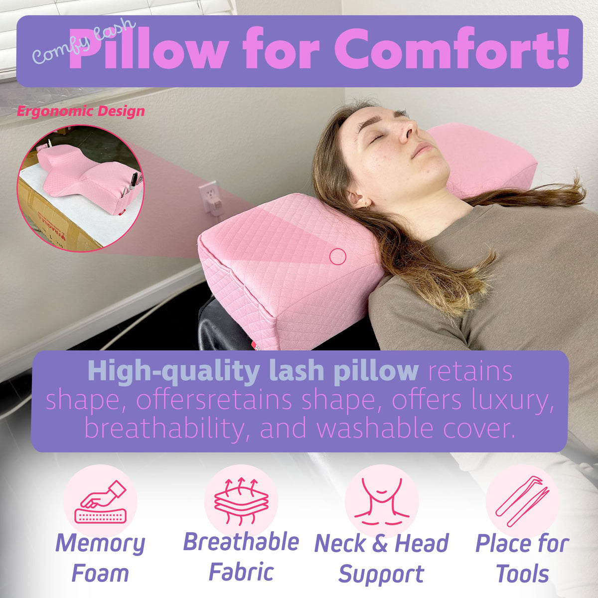XOLLOZ Lash Pillow ergonomic head rest for comfortable neck alignment during treatments
