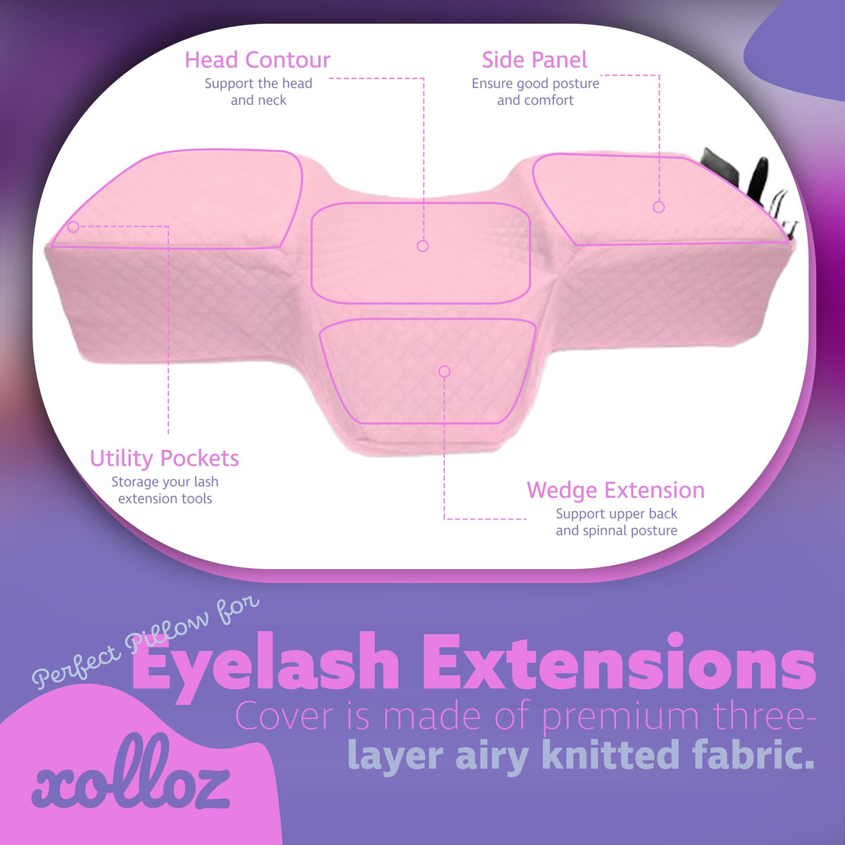 XOLLOZ Lash Pillow fits curved lash beds for versatile use