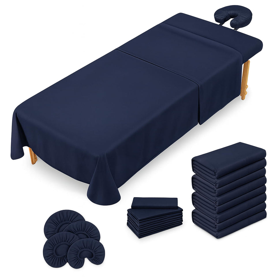 XOLLOZ massage sheets 4-pack folded on bed with soft microfiber feel for comfort.