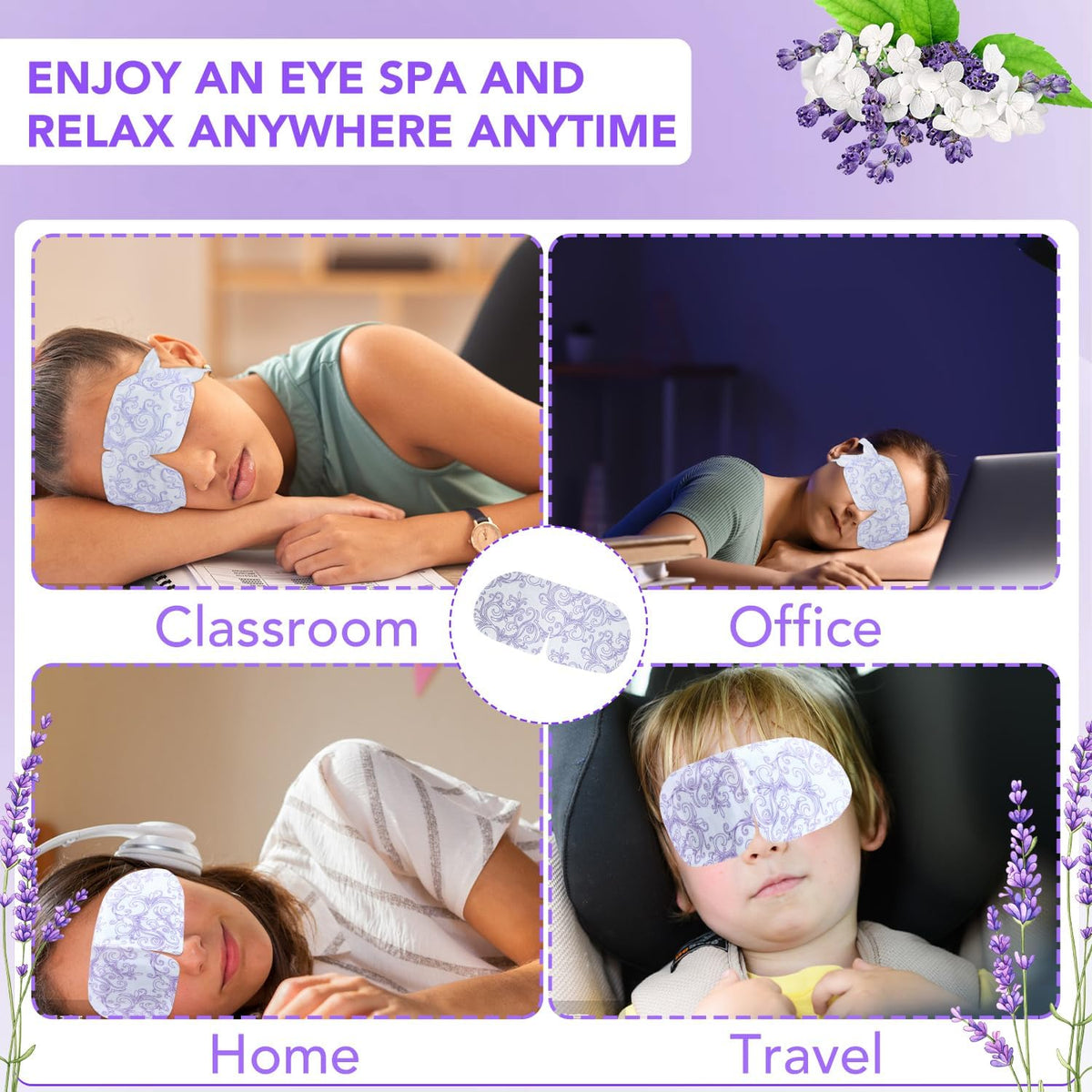 XPCARE lavender aroma suggests spa-like calm from XPCARE steam eye mask packaging.