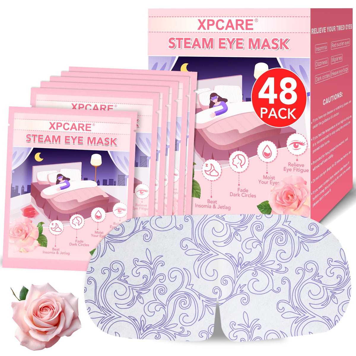 XPCARE Rose steam eye mask 48-pack front view for quick relaxation