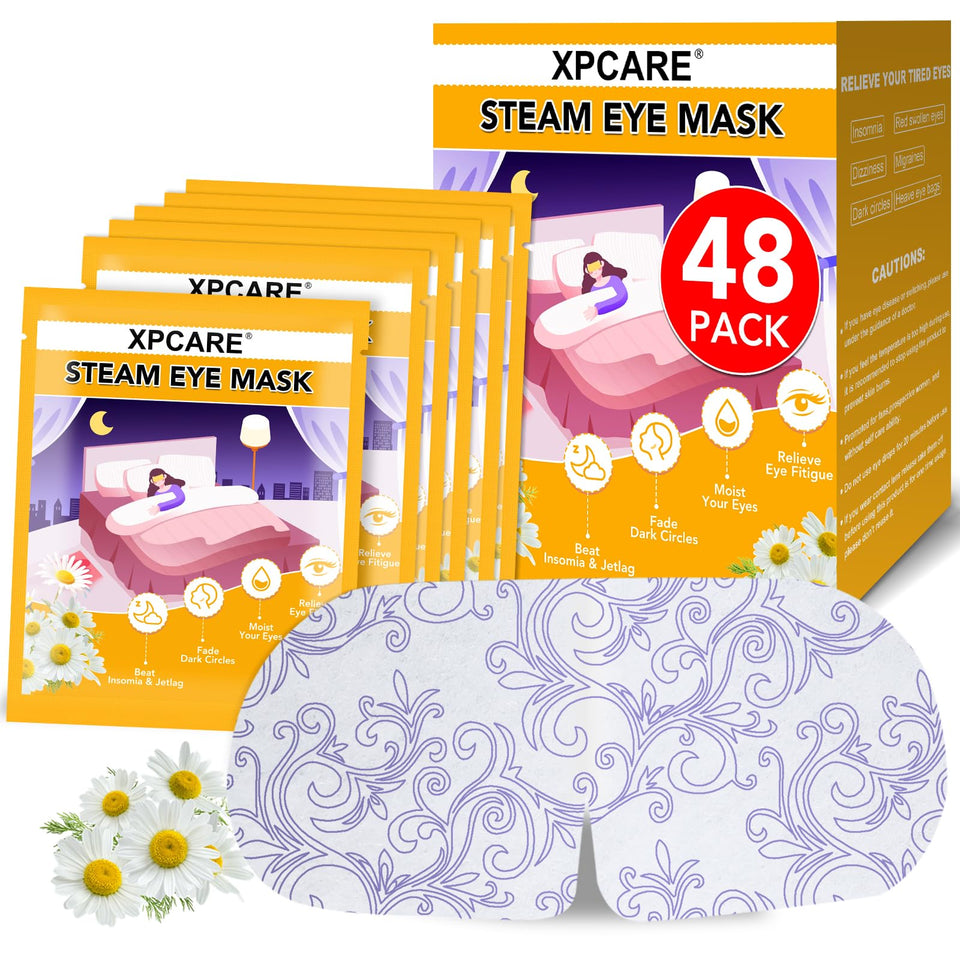XPCARE steam eye mask chamomile packaging ready for on-the-go relief and easy use