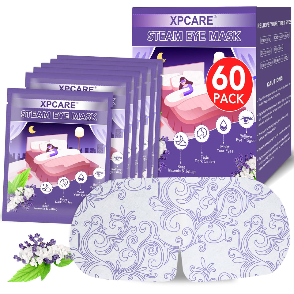 XPCARE steam eye mask lavender packaging with individual sachets for on-the-go relief.