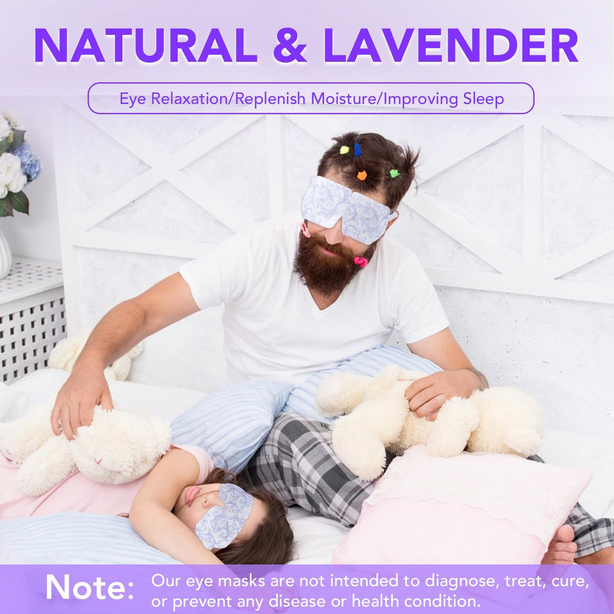 XPCARE lavender steam eye mask on a peaceful bedtime setup for restful eyes.