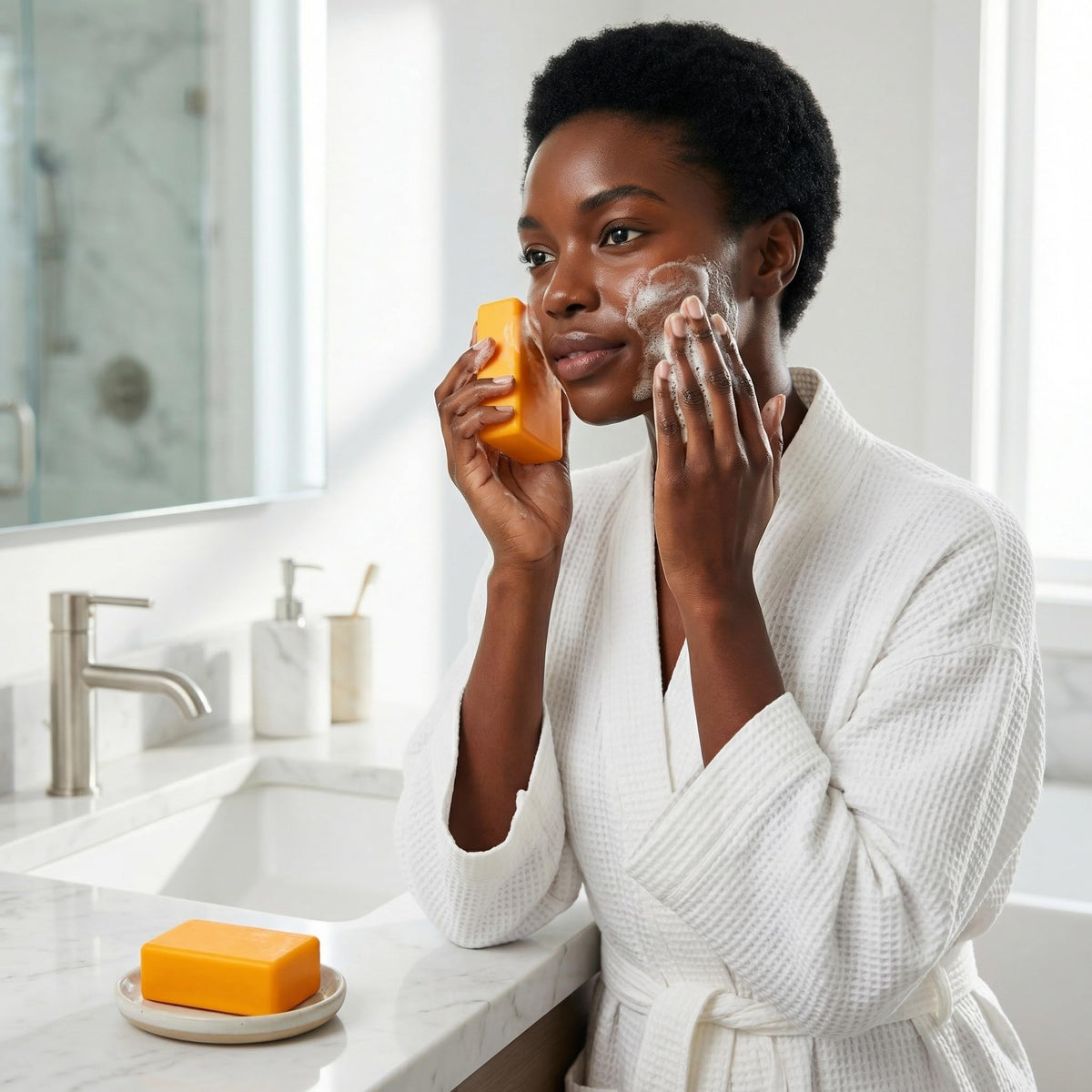 XPDGVS Turmeric Glow Soap bar lather application for face and body.