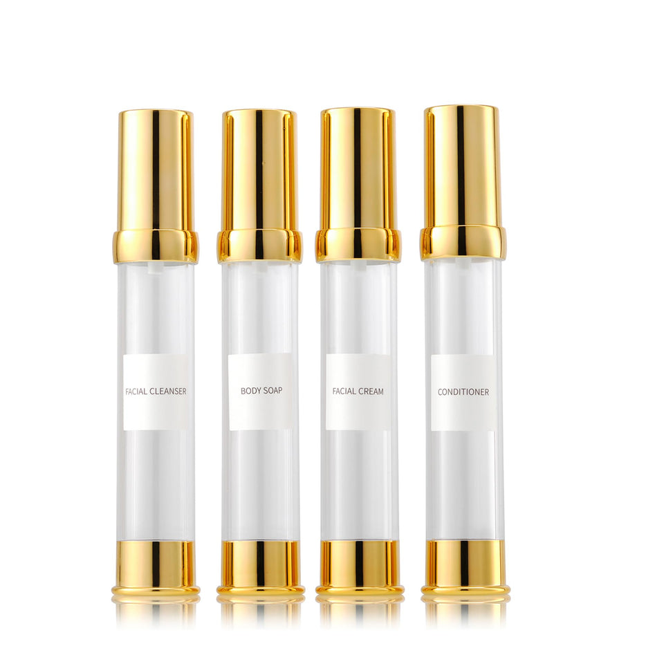 XQNCBY travel bottles 4pcs gold-clear set, compact for on-the-go routines.