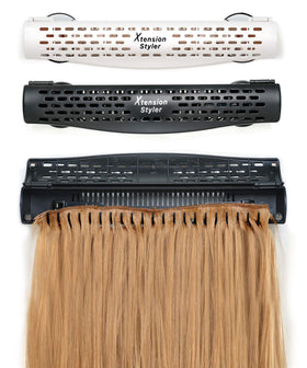 Xtension Styler hair extension holder mounted on a mirror for hands-free styling