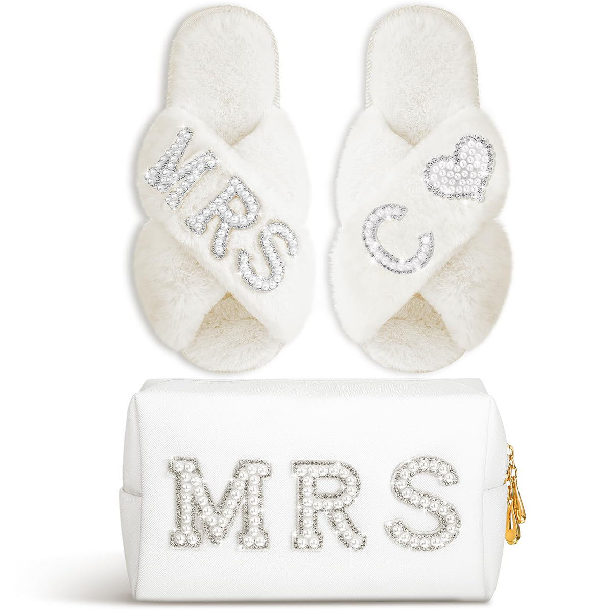 Xtinmee white wool bridal slippers with pearl initials for comfortable wedding day wear.