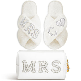 Xtinmee white wool bridal slippers with pearl initials for comfortable wedding day wear.