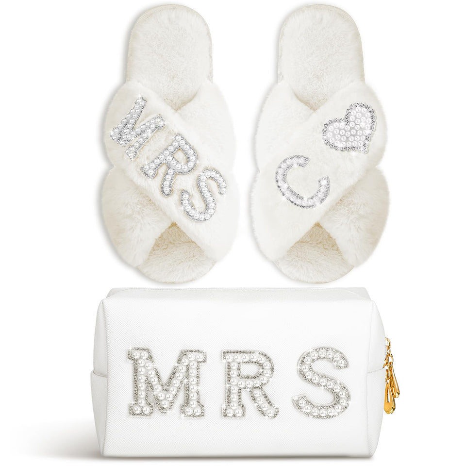 Xtinmee white wool bridal slippers with pearl initials for comfortable wedding day wear.