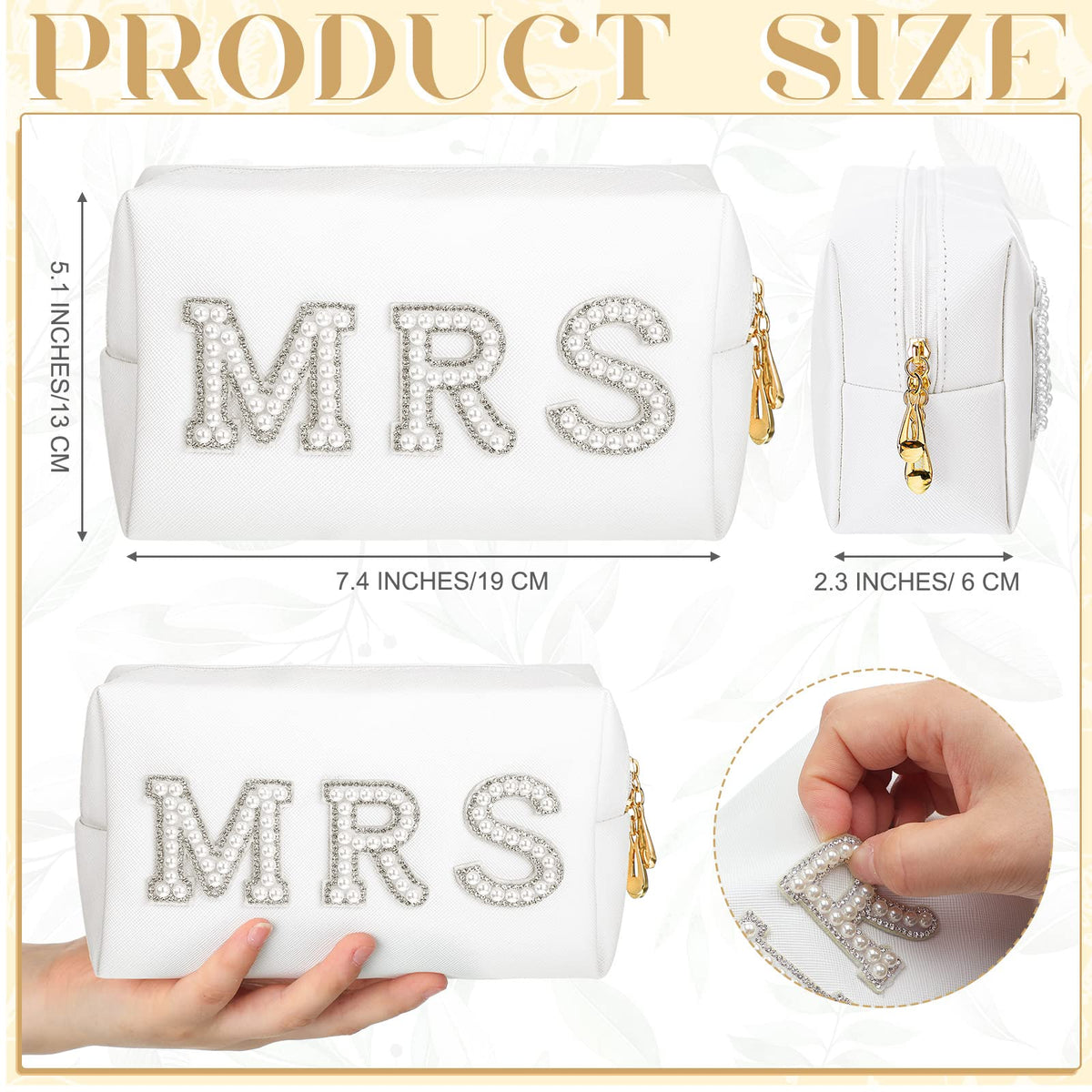 Xtinmee white PU makeup bag with gold zipper and pearl accents for bridal cosmetics.