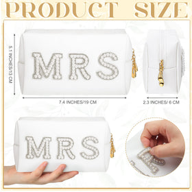 Xtinmee white PU makeup bag with gold zipper and pearl accents for bridal cosmetics.