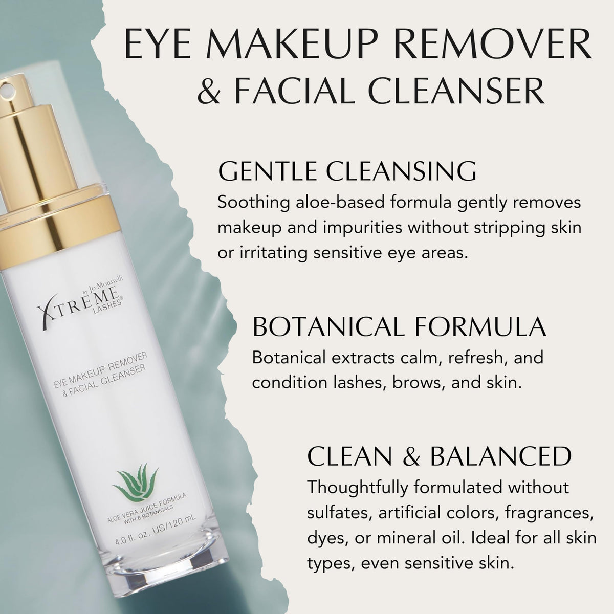 Xtreme Lashes facial cleanser packaging highlighting six botanicals.