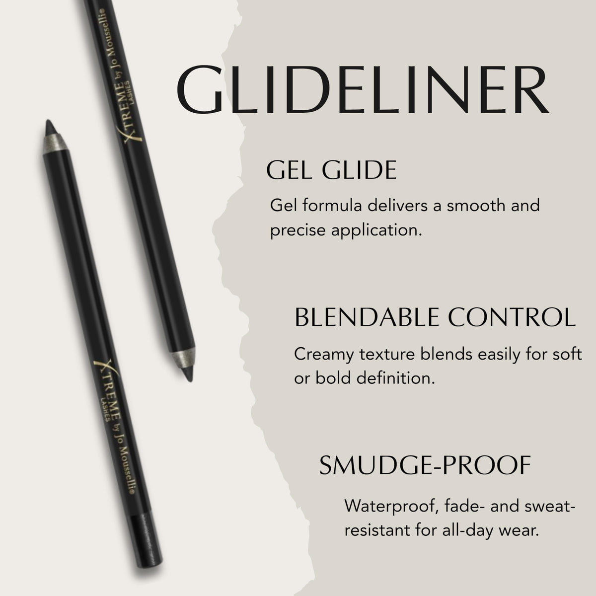 Xtreme Lashes GlideLiner deep black swatch shows intense pigment payoff.