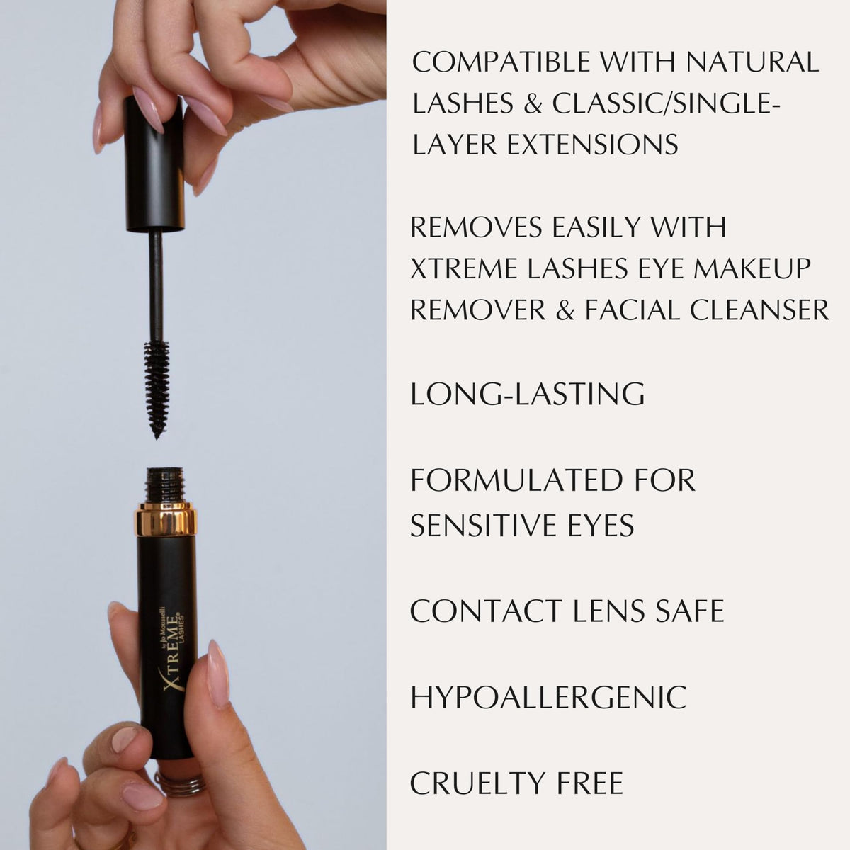 Xtreme Lashes Length & Volume Mascara swatches display rich black color for high-contrast lash definition