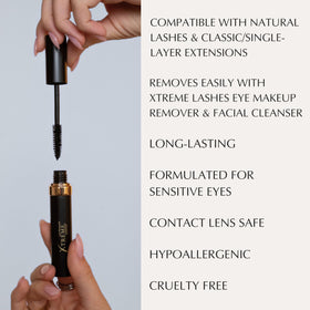 Xtreme Lashes Length & Volume Mascara swatches display rich black color for high-contrast lash definition