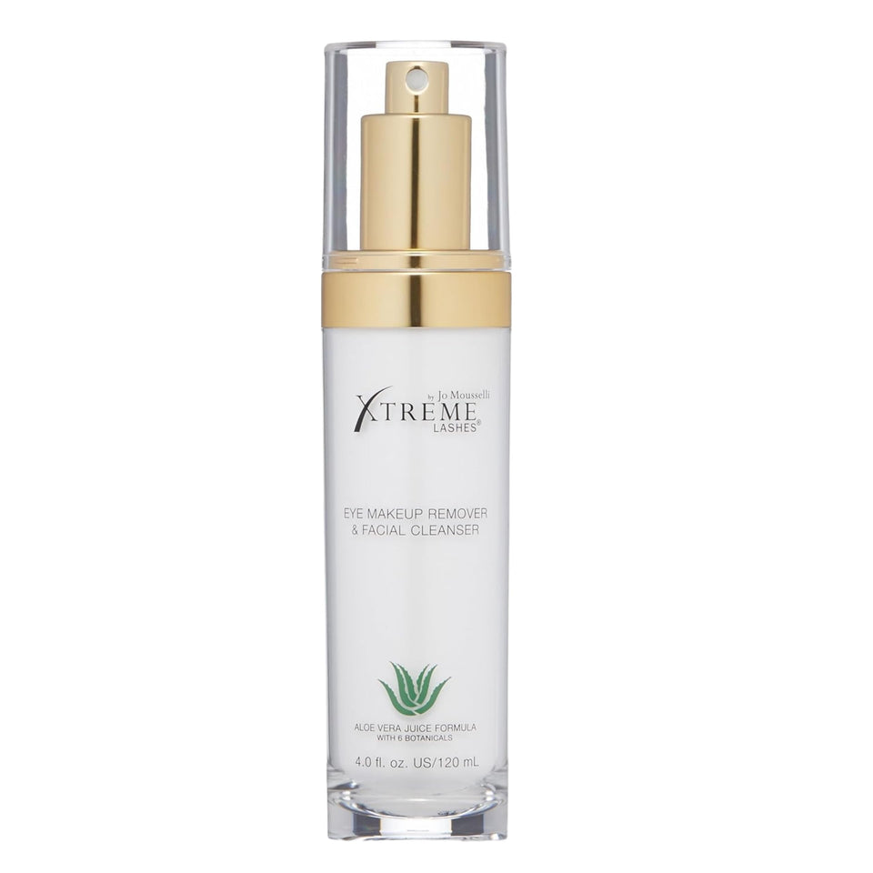 Xtreme Lashes makeup remover bottle shows aloe-based formula for gentle cleansing.