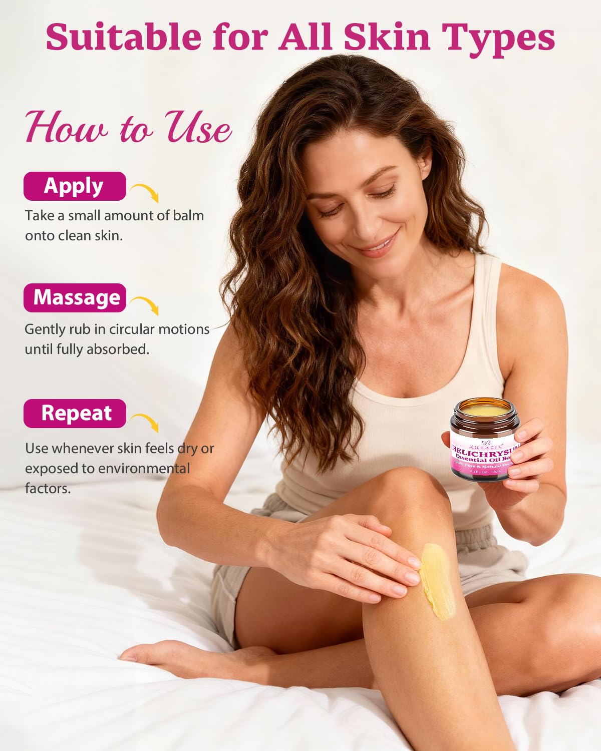XUEBEIK Helichrysum balm shown with arnica flowers offers calming ritual touch.