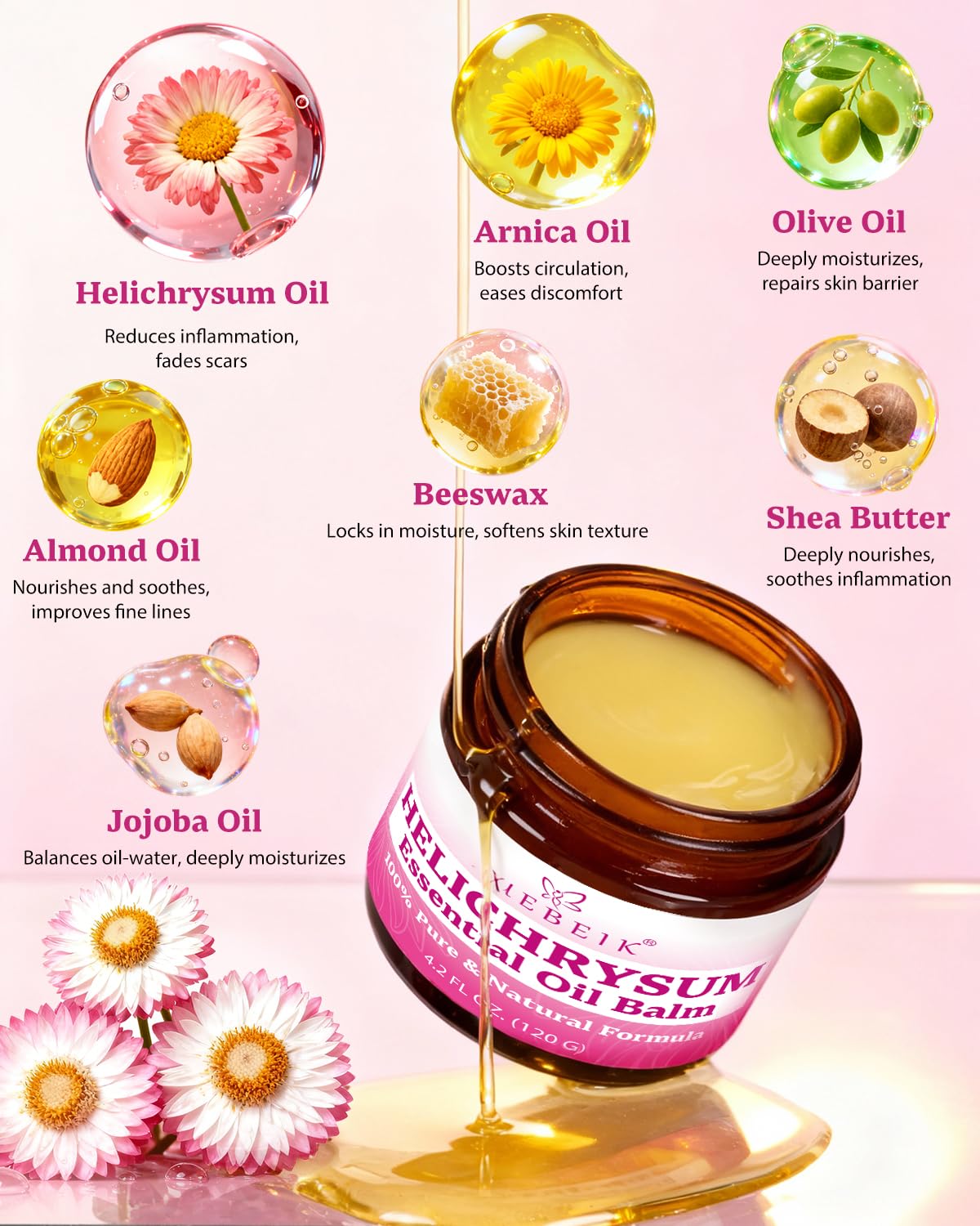XUEBEIK Helichrysum balm beeswax and shea butter provide protective richness.