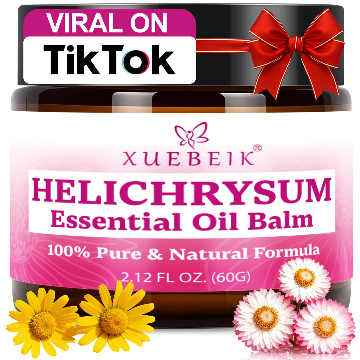 XUEBEIK Helichrysum Balm packaging close-up shows natural oils for deep hydration.
