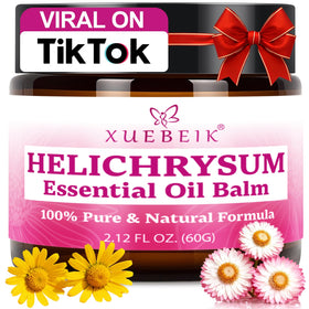 XUEBEIK Helichrysum Balm packaging close-up shows natural oils for deep hydration.