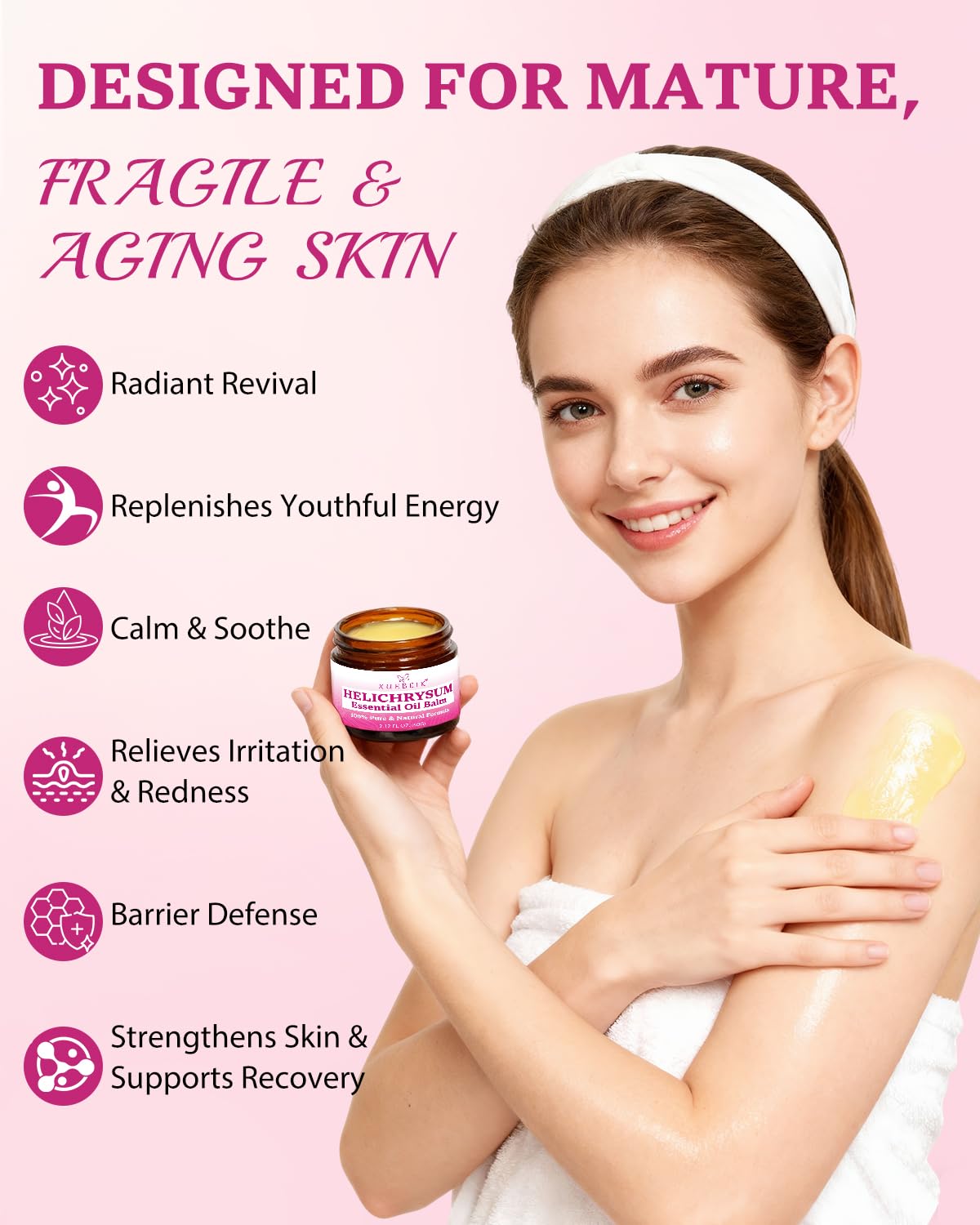 XUEBEIK Helichrysum Balm silky texture on skin demonstrates quick-absorbing moisture.