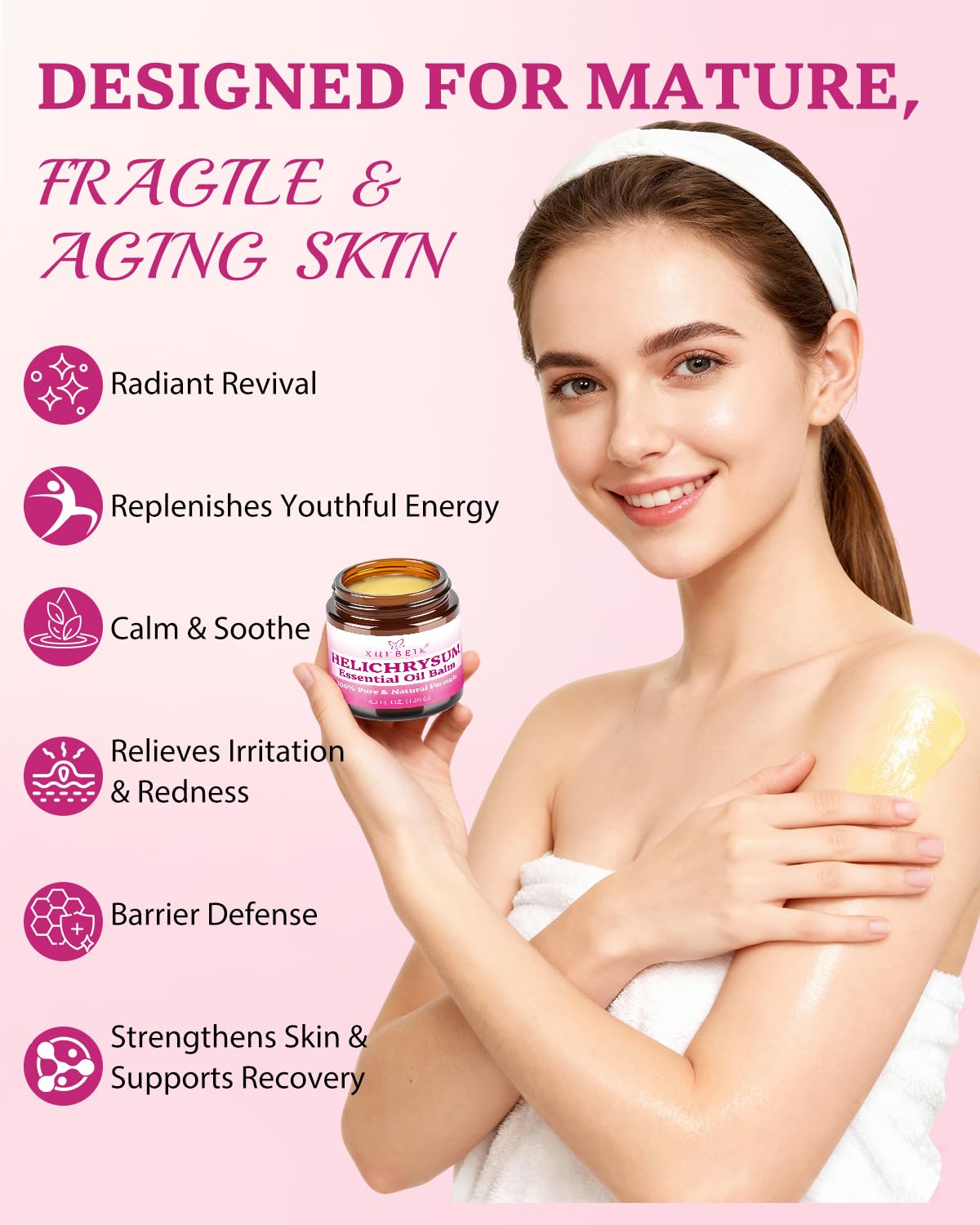XUEBEIK Helichrysum balm texture close-up shows silky, non-greasy moisture.