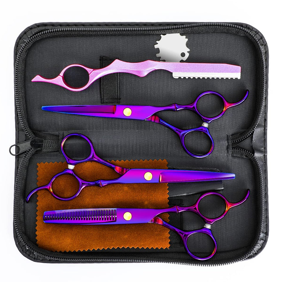 XUGOU professional scissors set purple, front view, ideal for precise salon styling at home